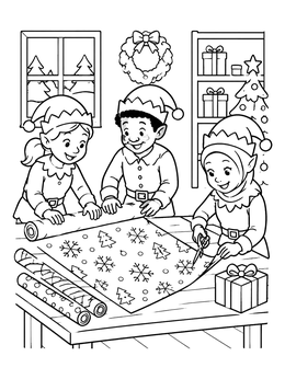 Free printable Elves Wrapping Gifts Together coloring page