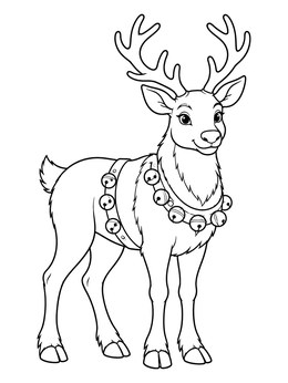 A friendly reindeer wearing jingle bells in this santas workshop coloring page.