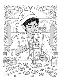 An elf winds a toy robot in this santas workshop north pole coloring page.