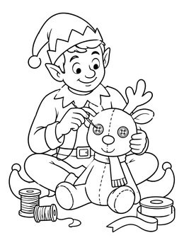 Free printable Elf Sewing A Plush Reindeer coloring page