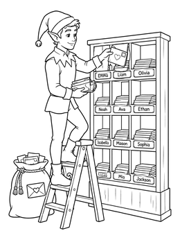 An elf sorts holiday letters in this santas workshop north pole coloring page.