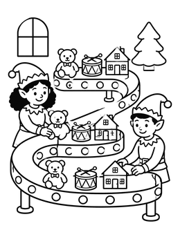 Free printable Elves At The Toy Conveyor Belt coloring page