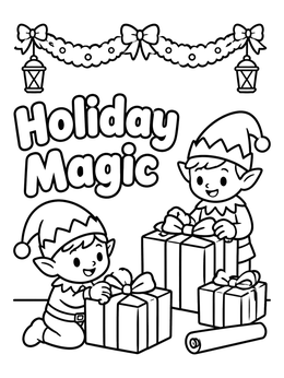 Free printable Holiday Magic Elves Wrapping Gifts coloring page
