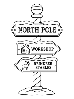 Striped signpost in a santas workshop north pole coloring page.