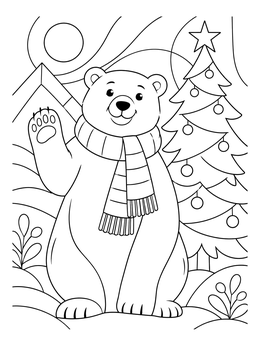 A cheerful bear waves outside in this santas workshop north pole coloring page.