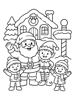 Free printable Santa Claus And Elf With Kids coloring page