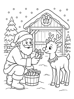 Free printable Santa Feeding Carrots To Reindeer coloring page