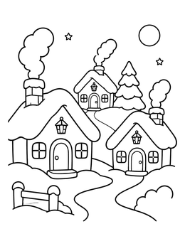 Free printable Cozy Snowy Village Cottages At Night coloring page