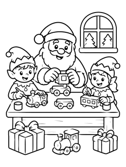 Free printable Santa And Elves Building Wooden Trains coloring page