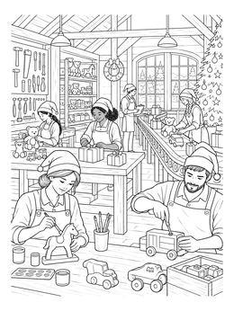 Elves craft toys and wrap gifts in this santas workshop north pole coloring page.