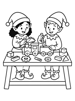 Free printable Two Elves Building Toy Train coloring page