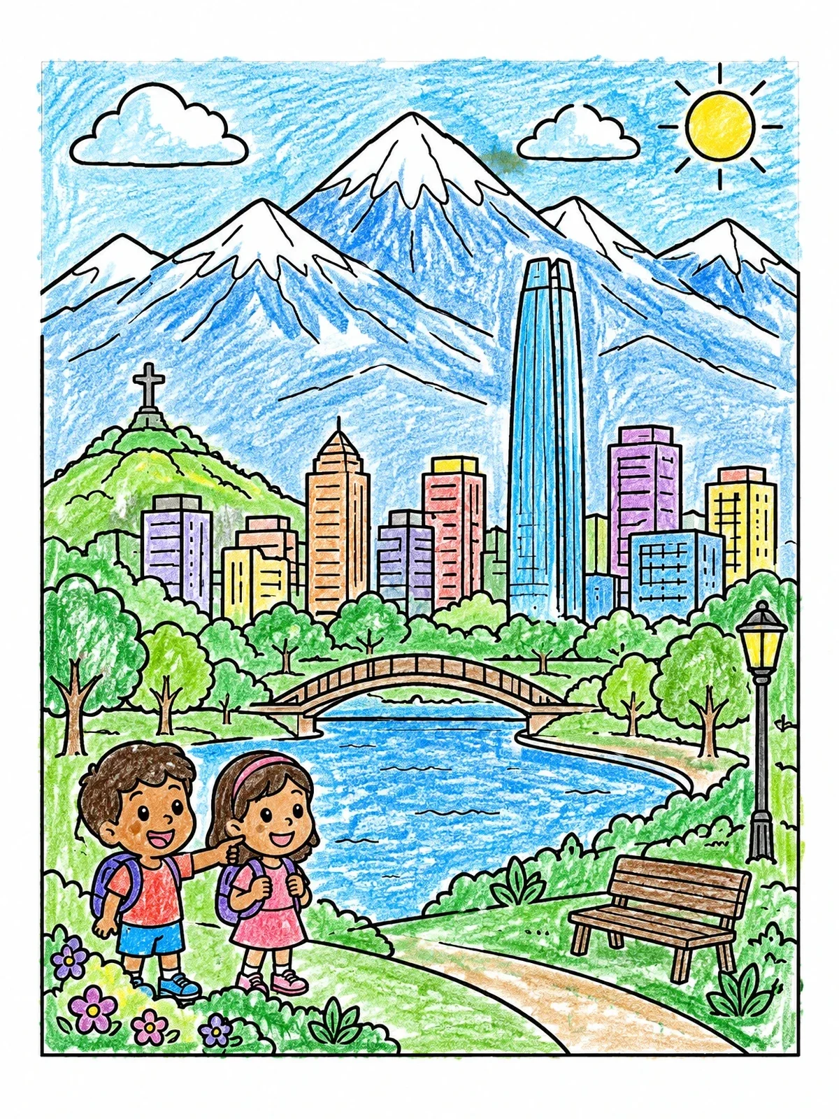 Colored example of the Santiago City And Andes Mountains View coloring page