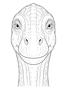 A front view of a sauropod dinosaur coloring page with detailed skin textures.