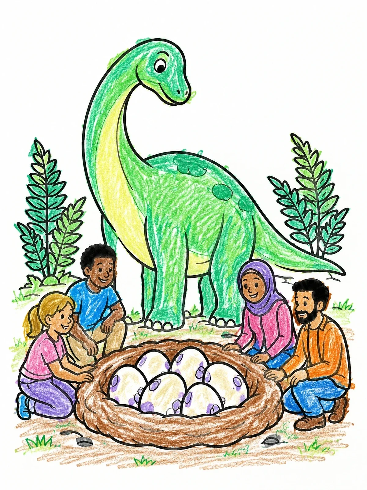Colored example of the Family Visiting A Dinosaur Nest coloring page