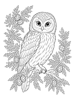 A small owl perched on a cedar branch in this detailed owl coloring page.