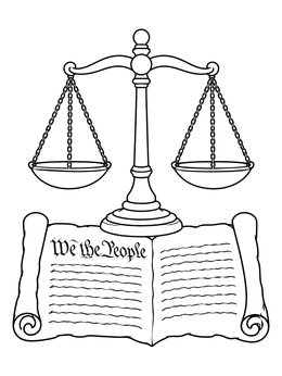 A constitution day coloring page featuring balanced scales of justice above an open parchment with We the People text.