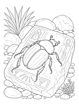 A detailed scarab beetle coloring page showing the insect resting on a carved Egyptian stone surrounded by desert rocks.