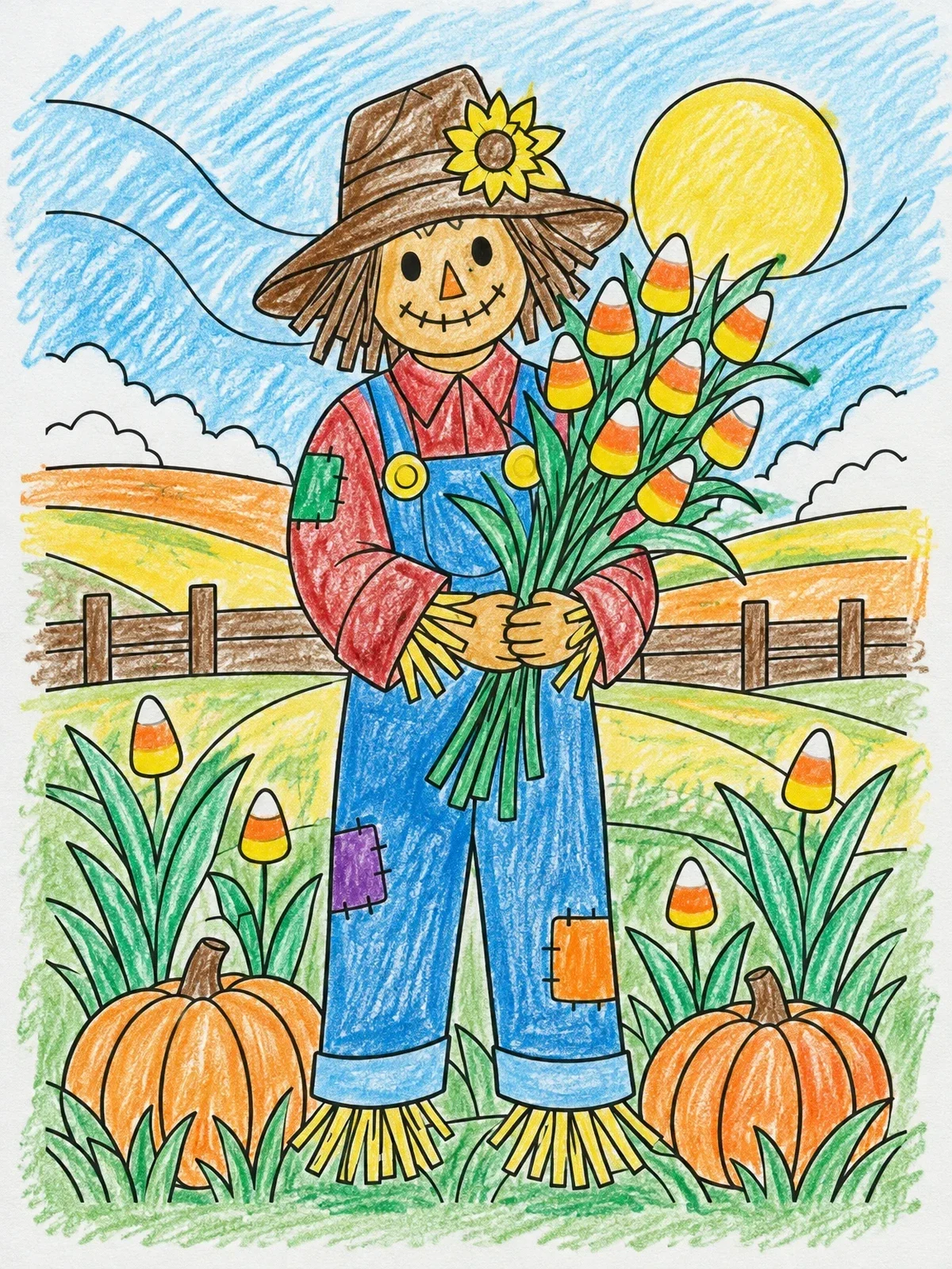 Colored example of the Scarecrow Holding Candy Corn Bouquet coloring page