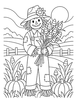 A friendly scarecrow in an autumn field holds candy corn plants on this candy corn coloring page.