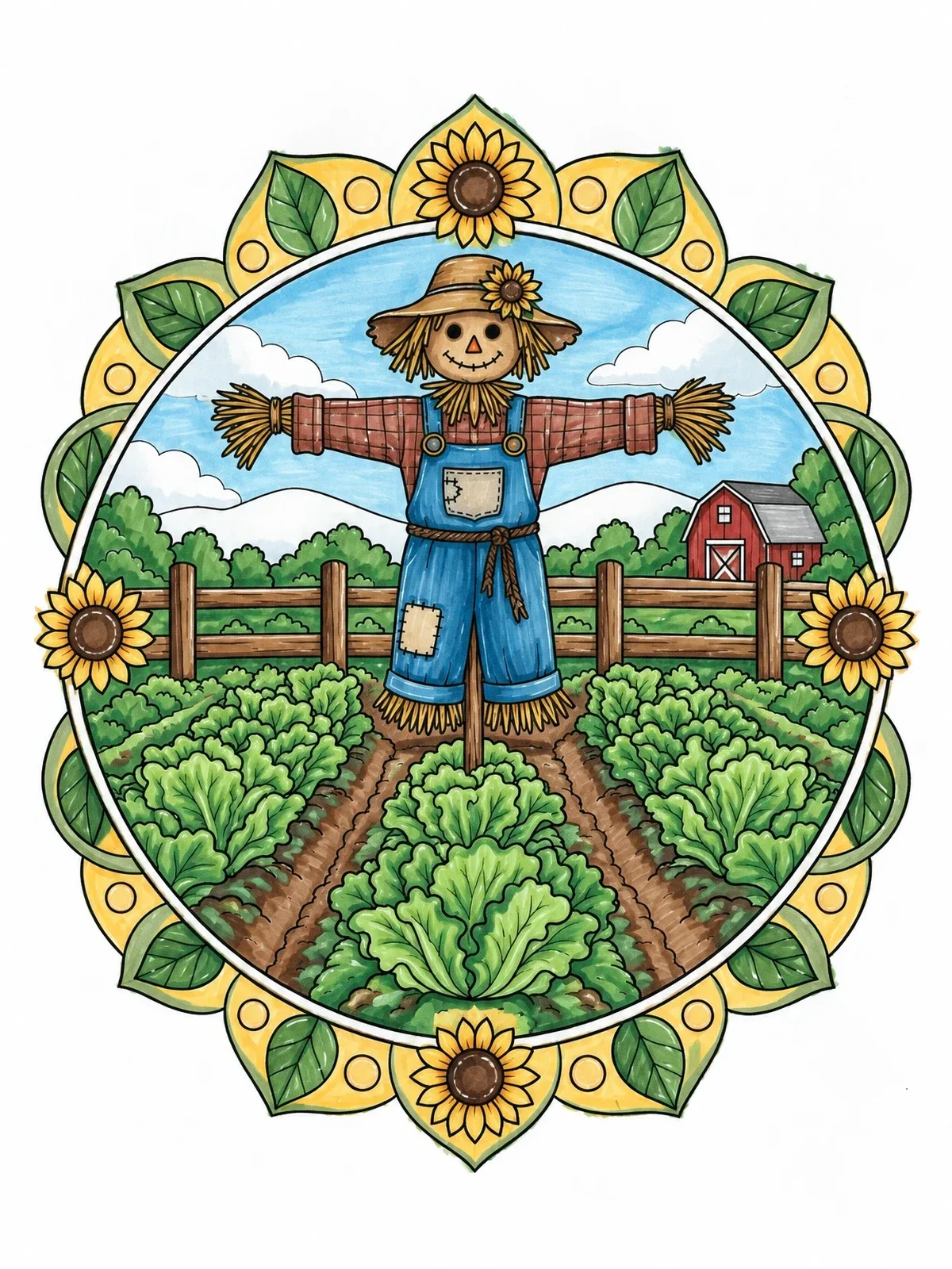 Colored example of the Scarecrow Guarding Lettuce Patch Mandala coloring page