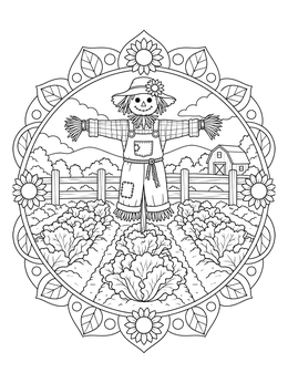A friendly scarecrow guards garden rows in this lettuce coloring page framed with floral mandala motifs.
