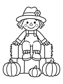 Free printable Scarecrow On Hay Bales With Pumpkins coloring page