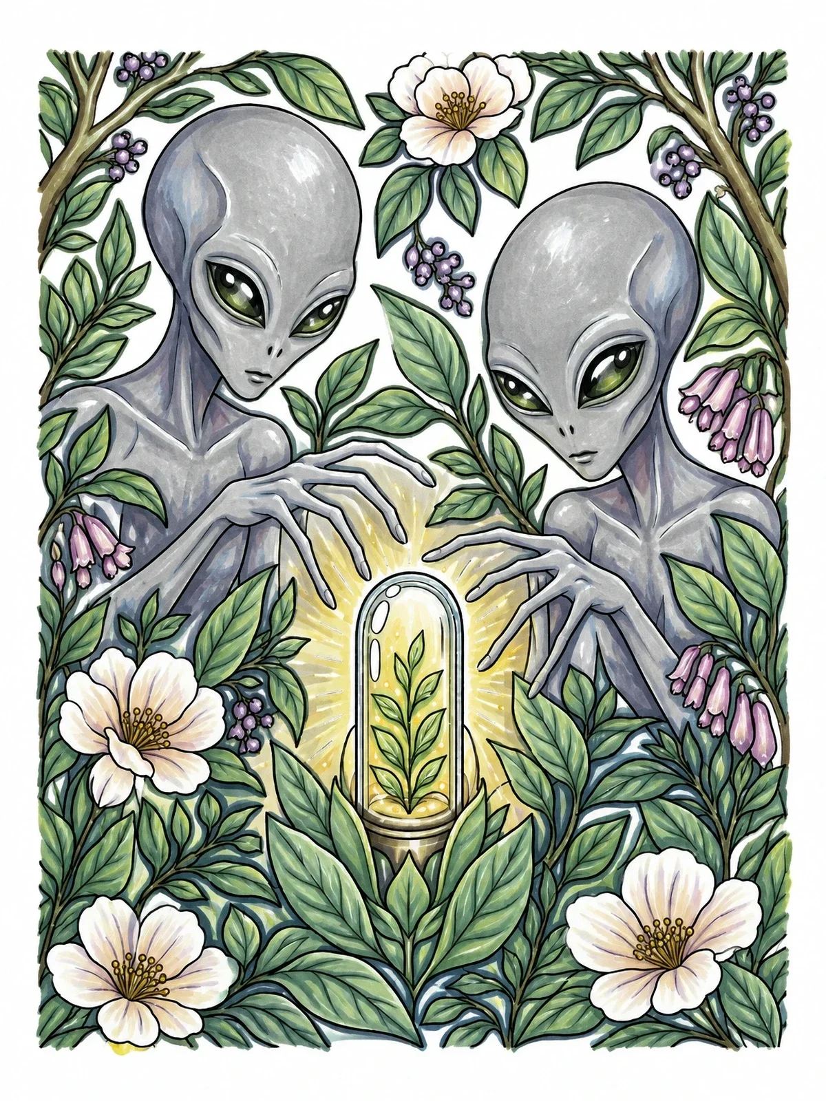 Colored example of the Alien Botanists With Glowing Terrarium Capsule coloring page