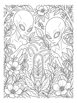 Two extraterrestrials reach toward a terrarium in this scary alien coloring page framed by lush flowers.