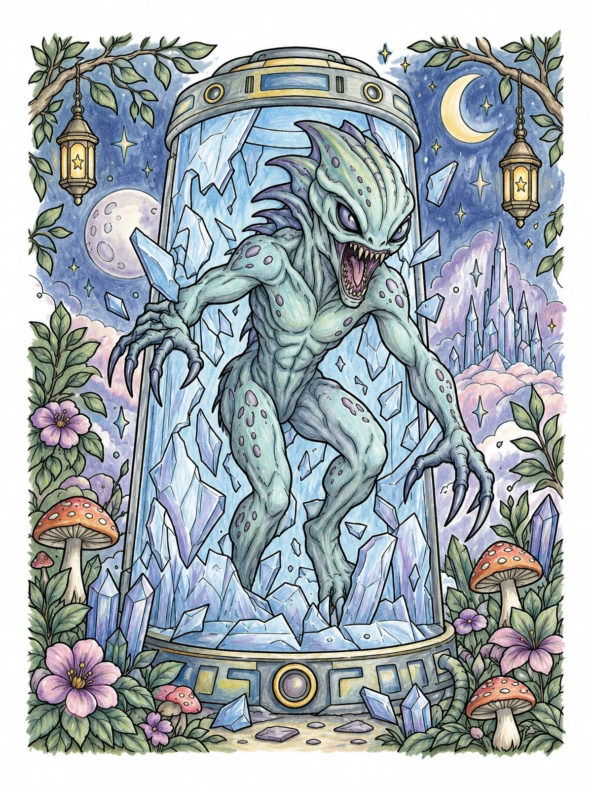 Colored example of the Alien Monster Breaking Containment Tube coloring page