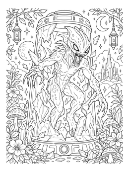 Detailed scary alien coloring page showing a snarling creature bursting from a glass pod.