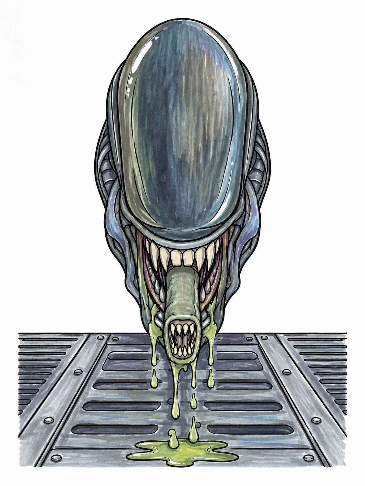 Colored example of the Alien Monster With Drooling Inner Jaw coloring page