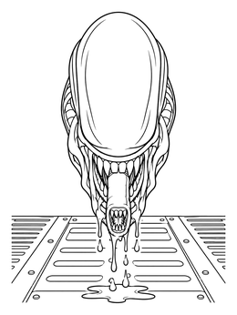 A scary alien coloring page showing an extraterrestrial creature with sharp jaws above a metal grate.