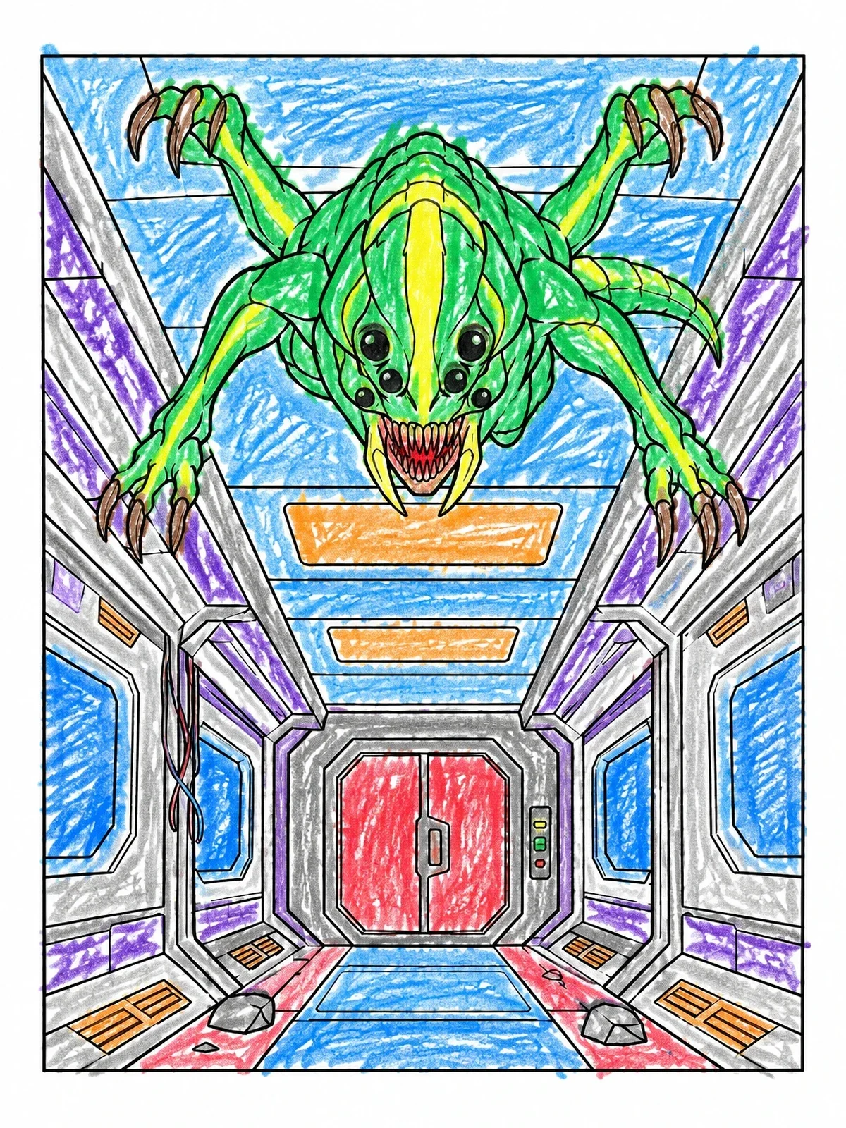 Colored example of the Alien Monster In Spaceship Corridor coloring page