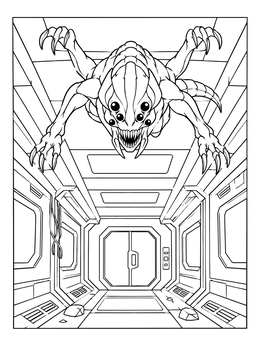 A scary alien coloring page featuring a multi-eyed creature crawling in a spaceship.