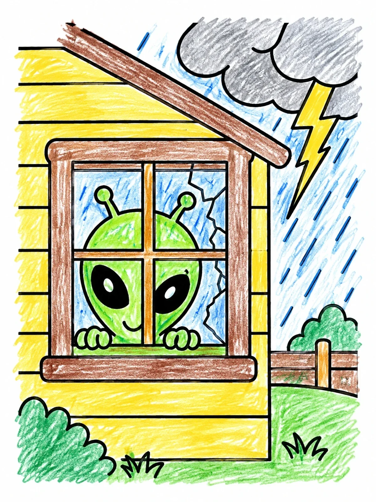 Colored example of the Alien Peeking Through Farmhouse Window coloring page