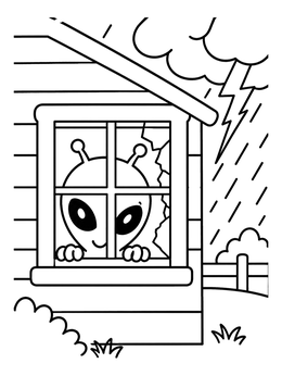 A scary alien coloring page showing an extraterrestrial looking out a broken window during a storm.