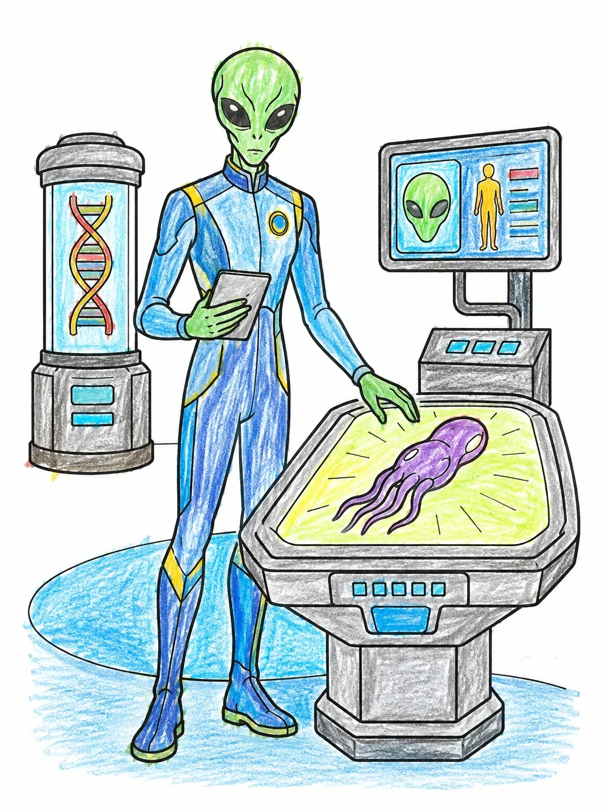 Colored example of the Alien Scientist In Laboratory coloring page