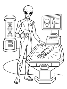 A scary alien coloring page showing an extraterrestrial scientist examining a specimen on a sci-fi table.