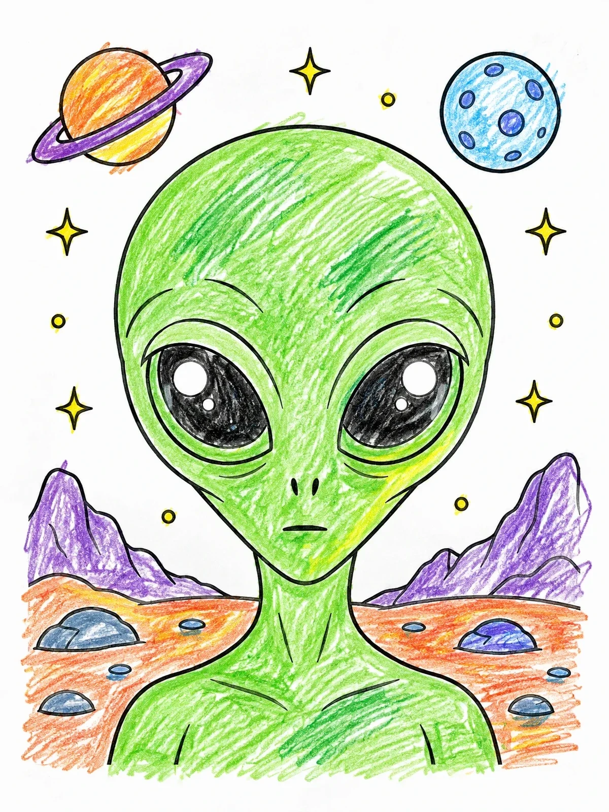 Colored example of the Alien Visitor On A Distant Planet coloring page