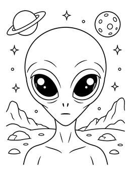 A scary alien coloring page with big eyes set against an alien landscape and planets.