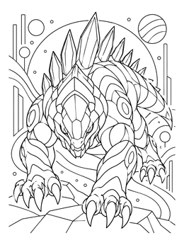 A terrifying spiked alien beast charges forward in this scary alien coloring page set against cosmic shapes.