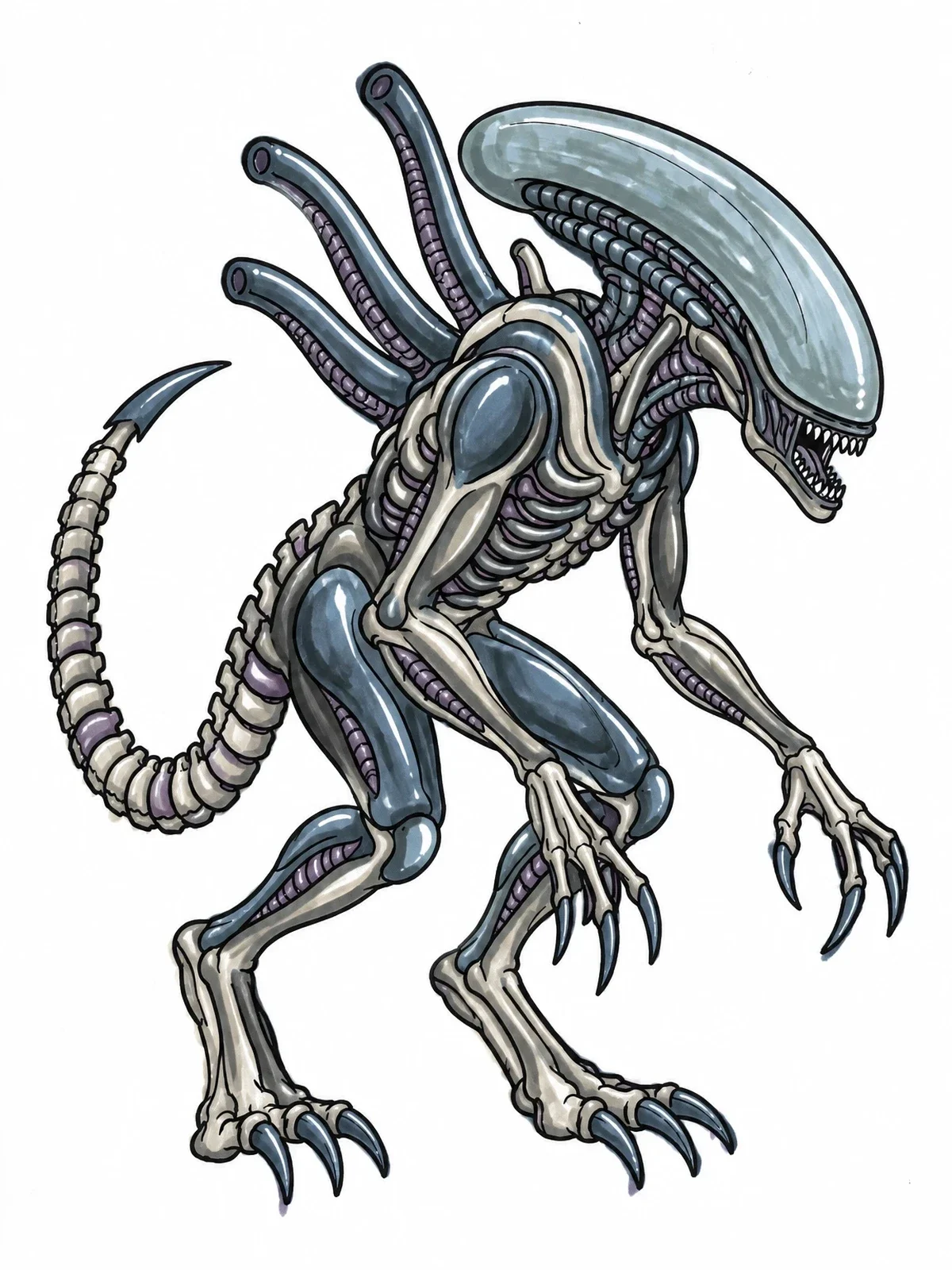 Colored example of the Biomechanical Alien Monster With Claws coloring page