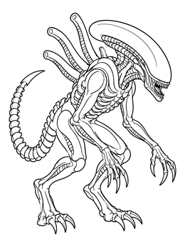 A detailed scary alien coloring page featuring an elongated skull and sharp claws.