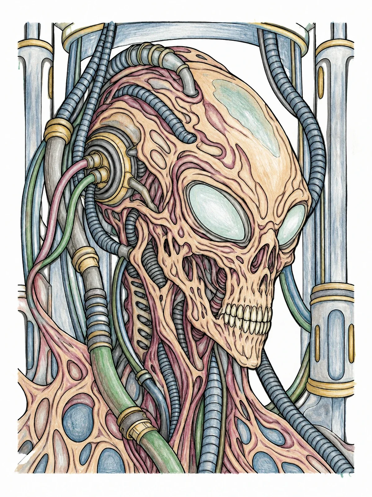 Colored example of the Biomechanical Alien Skull In Stasis coloring page