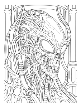 Detailed biomechanical cables wired to a skull in this scary alien coloring page.