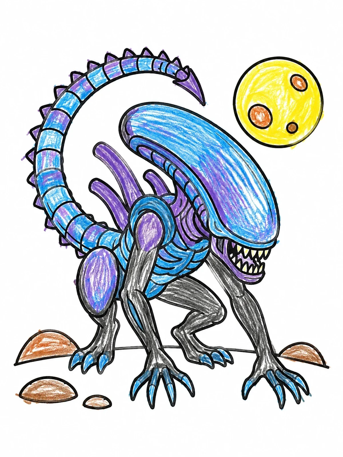 Colored example of the Crouching Xenomorph Alien Monster coloring page