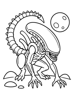A scary alien coloring page showing a crouching Xenomorph creature beneath a cratered moon.