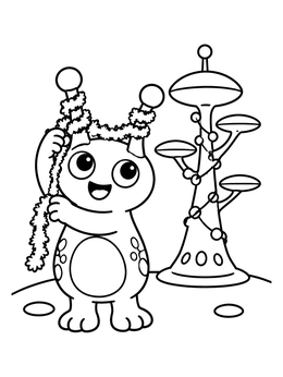 A cute creature in this not-so scary alien coloring page decorates its antennae with festive tinsel.