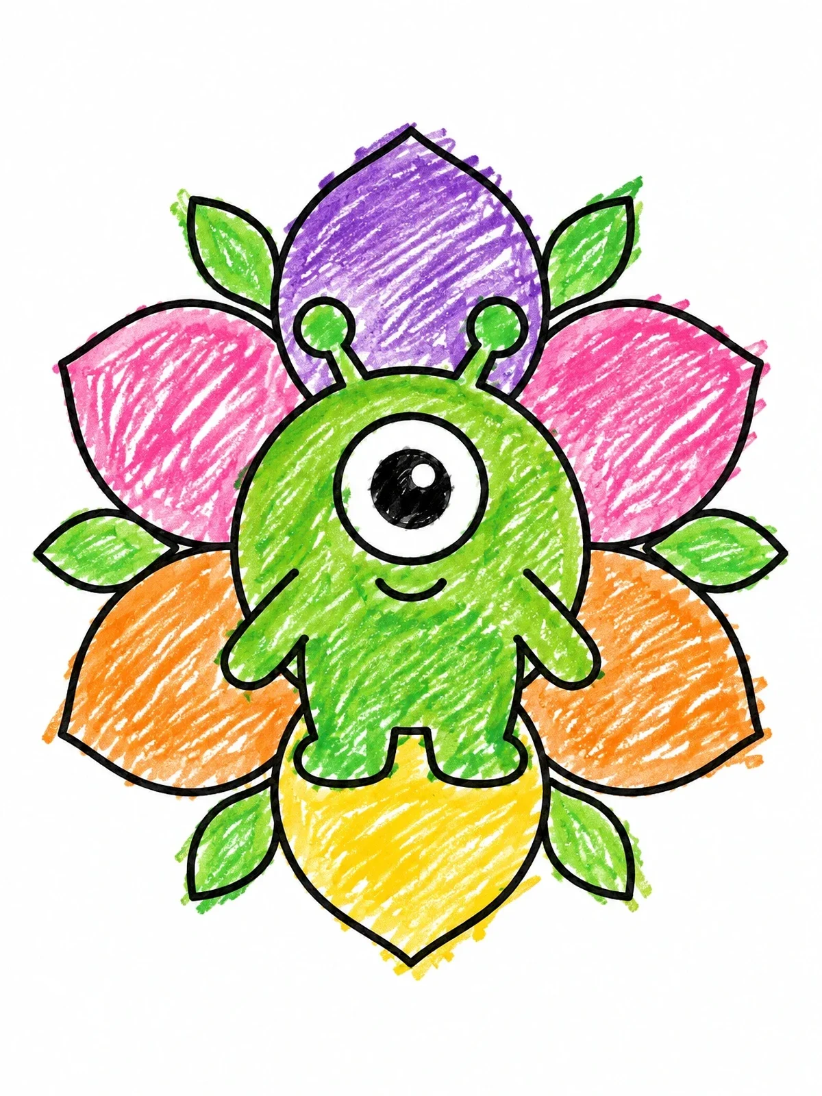 Colored example of the Cute One Eyed Alien On Petals coloring page
