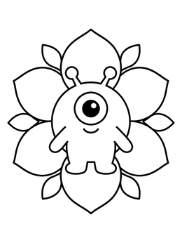 A scary alien coloring page featuring a one-eyed creature over flower petals.